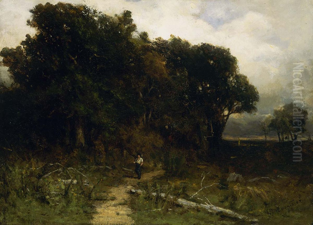 Untitled (landscape, woodcutter on path) Oil Painting by Edward Mitchell Bannister