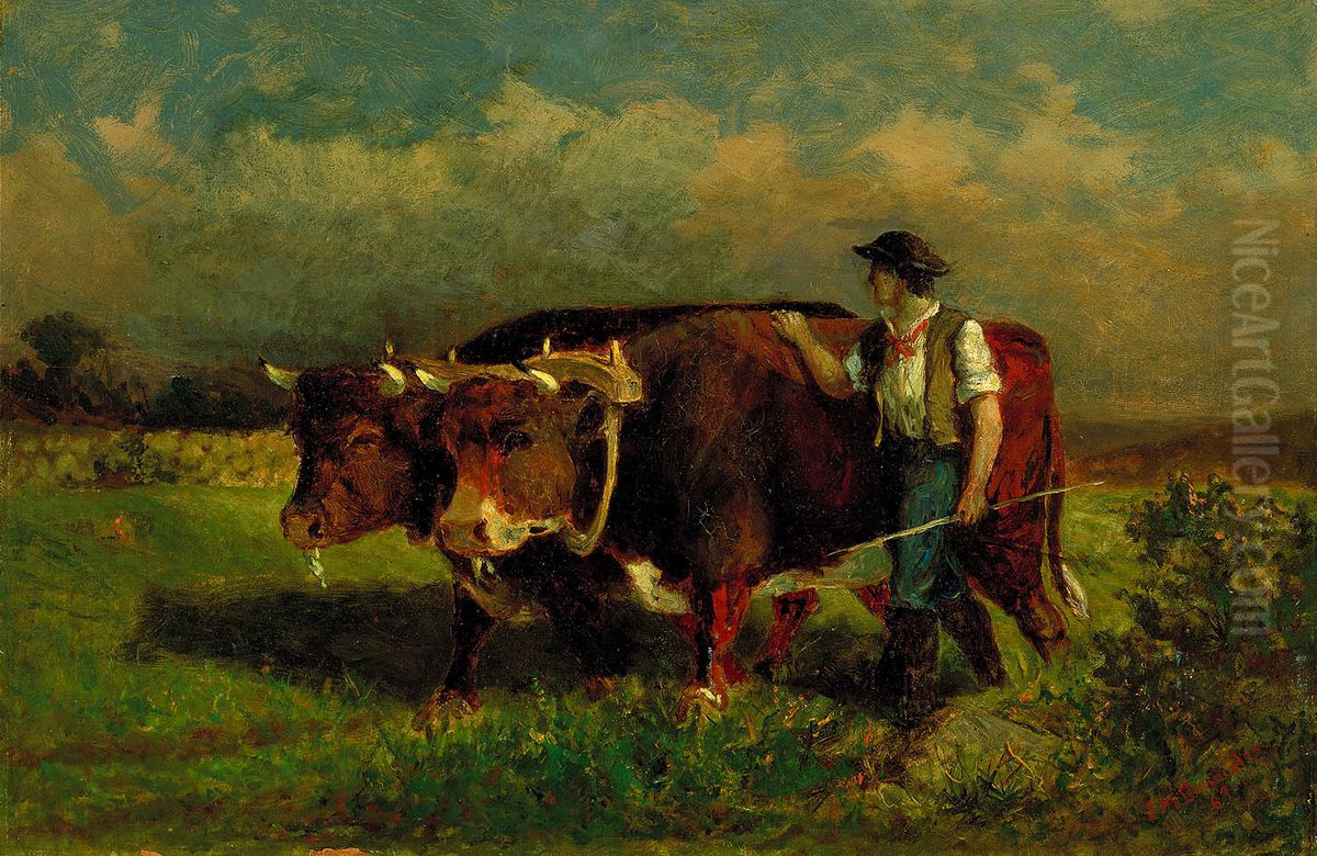 Untitled (man with two oxen) Oil Painting by Edward Mitchell Bannister