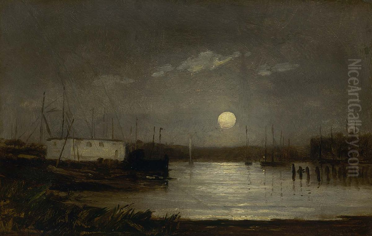 Untitled (moon over a harbor, wharf scene with full moon and masts of boats) Oil Painting by Edward Mitchell Bannister