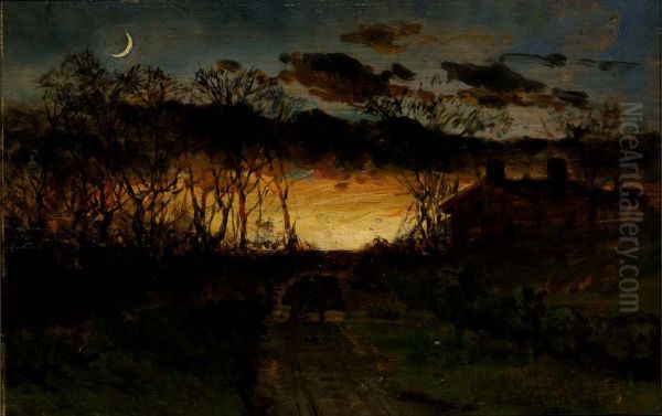 Untitled (sunset with quarter moon and farmhouse) Oil Painting by Edward Mitchell Bannister