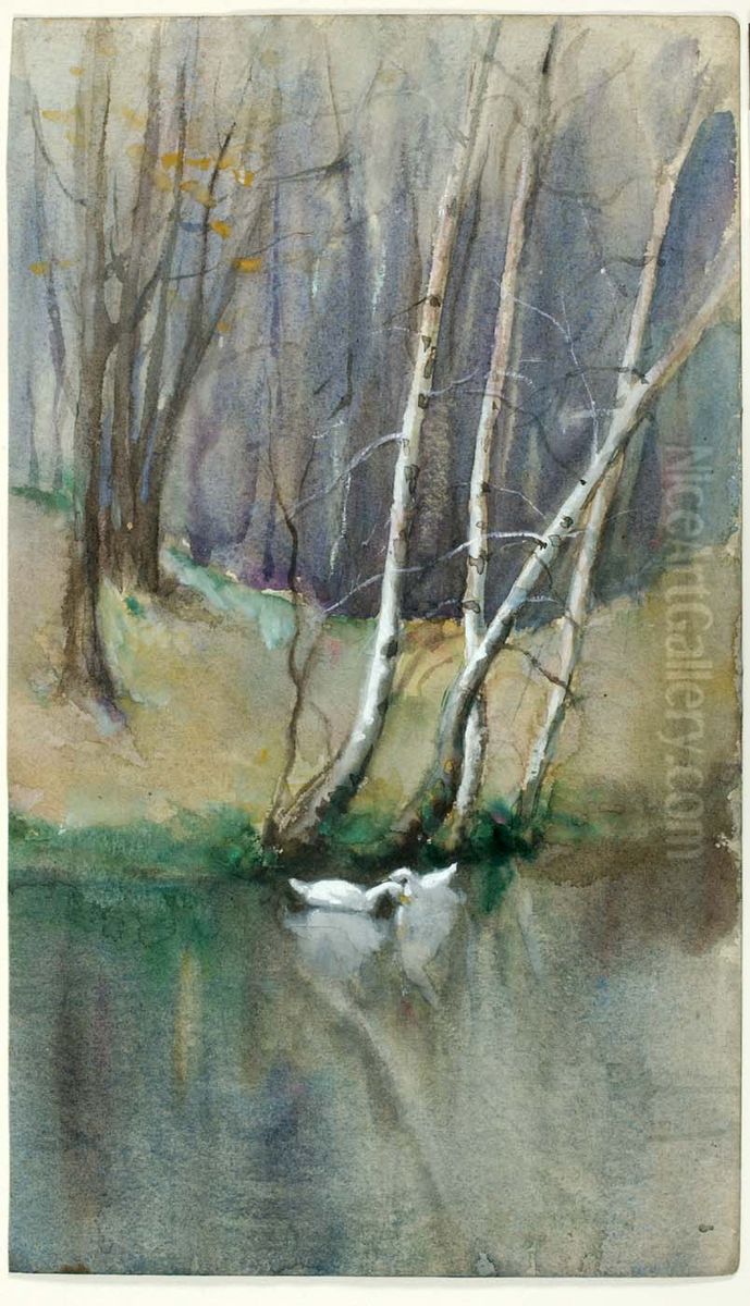 Untitled (Wood Scene with Birch Trees and Ducks) Oil Painting by Edward Mitchell Bannister