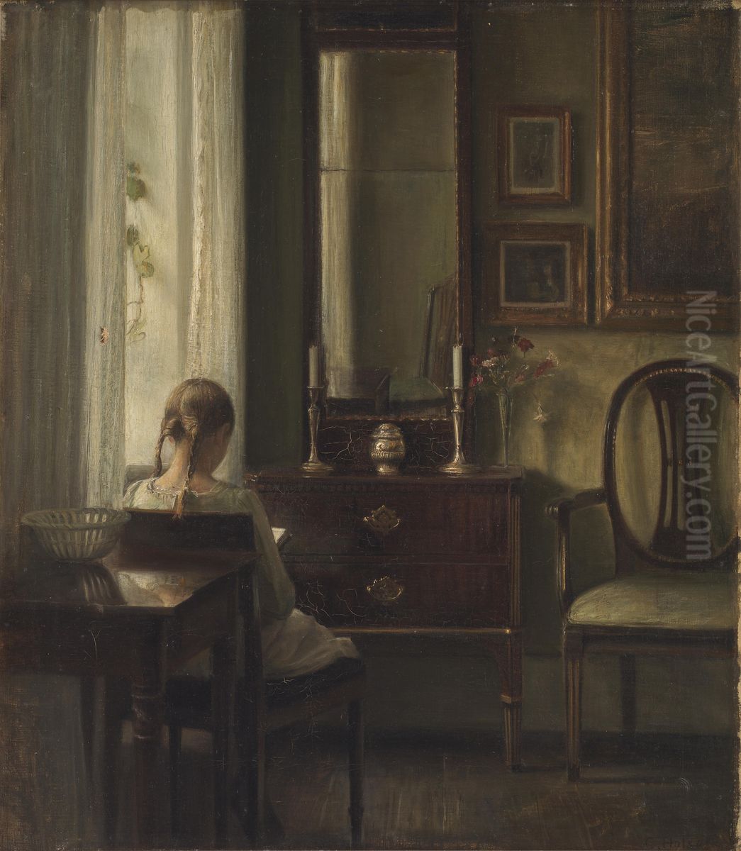 Interior med ung pige der laeser Oil Painting by Carl Holsoe