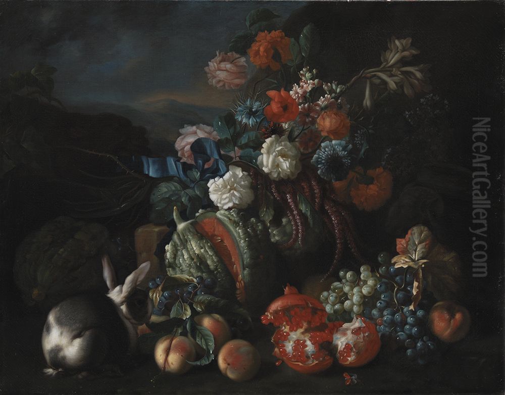 Stone Base with Flowers and Fruit Oil Painting by Franz Werner Tamm
