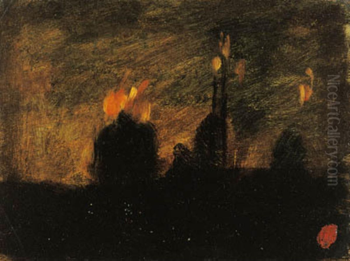 Nattestemning med ildebrande i St-Vast-la-haut naer Valenciennes. Oil Painting by Jean-Baptiste Carpeaux