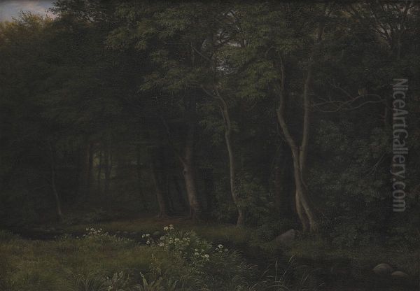 Twilight Setting in a Wood near Iselingen Manor, Zealand Oil Painting by P. C. Skovgaard