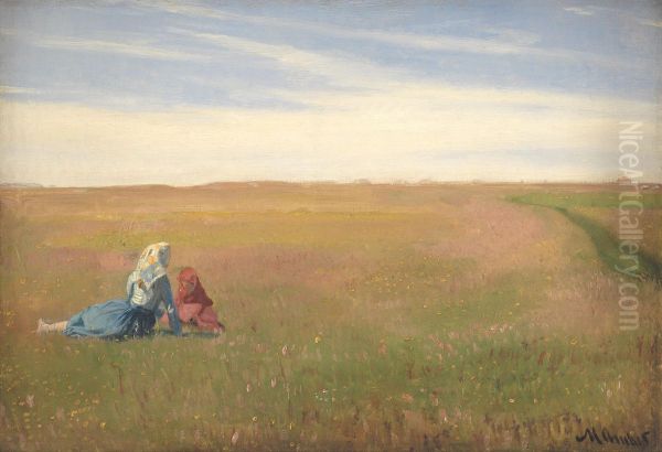 A Summer Landscape with two Girls Oil Painting by Michael Peter Ancher