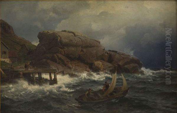 A Norwegian Seaport Oil Painting by Hans Gude