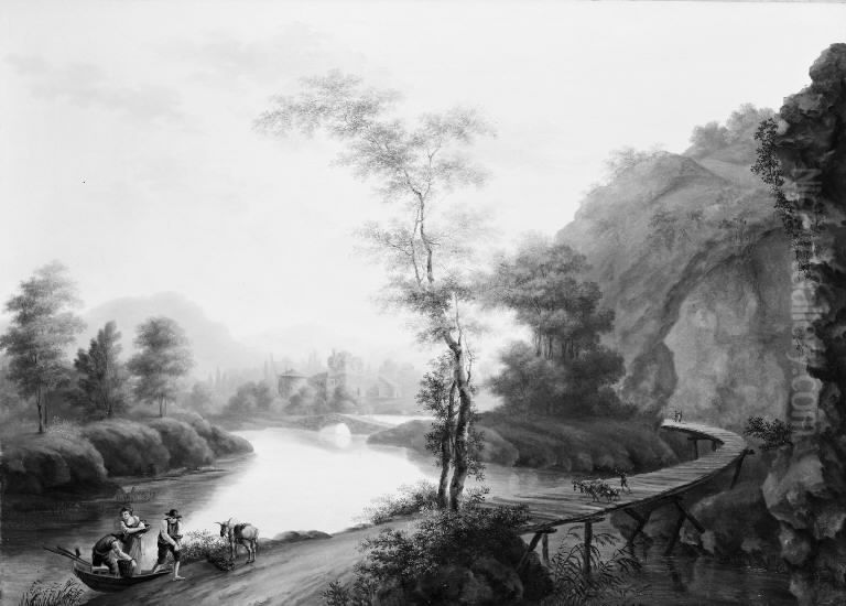 Bjerglandskab med en bro Oil Painting by Heinrich August Grosch