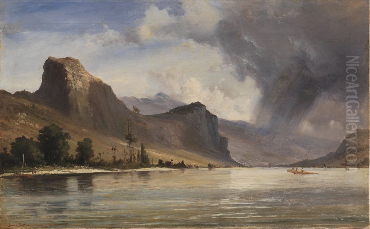 Kystlandskab med bjerge. Optraekkende uvejr Oil Painting by Anton Melbye