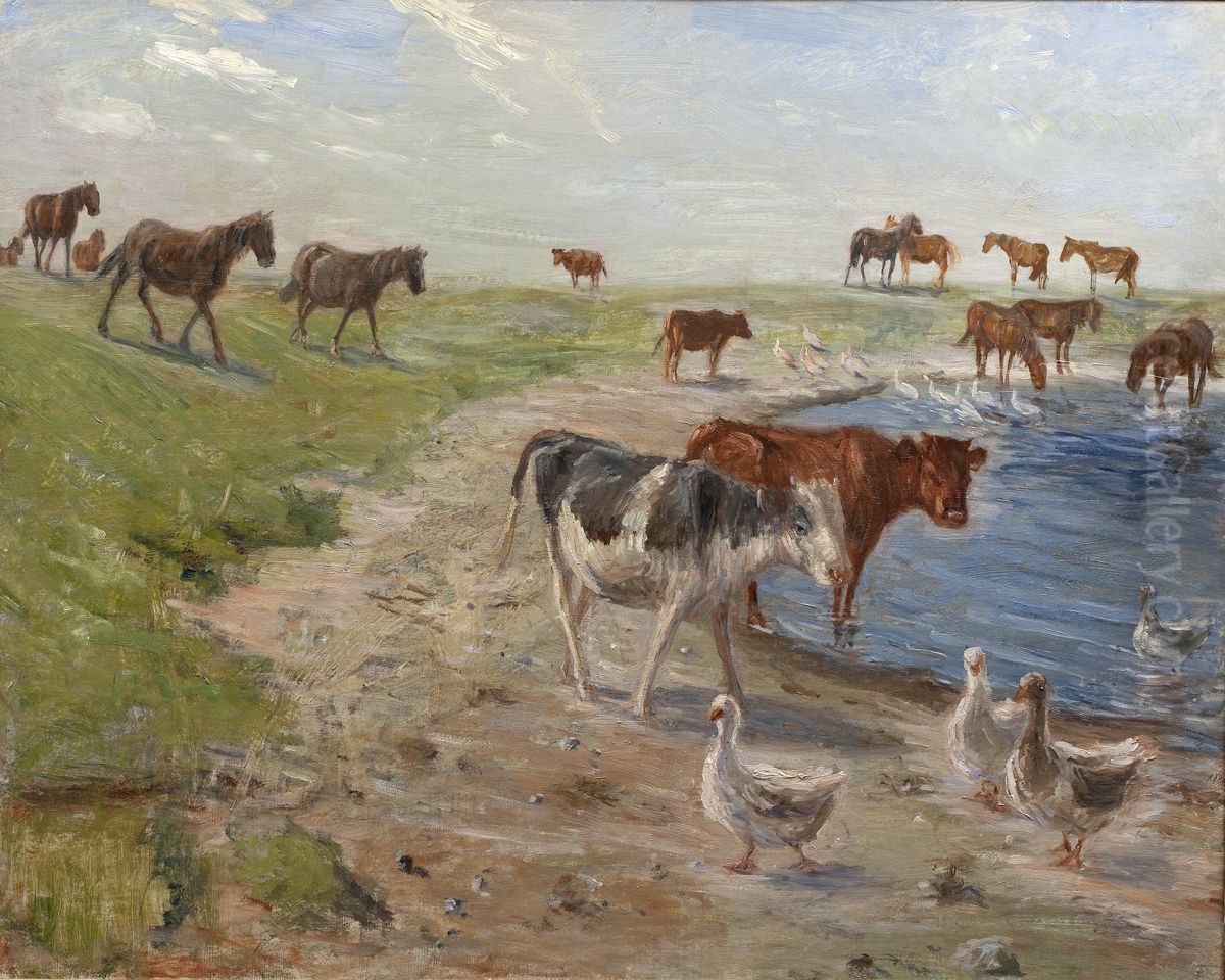 Calves and Geese at a Wateringhole on the Island of Saltholm Oil Painting by Theodor Esbern Philipsen
