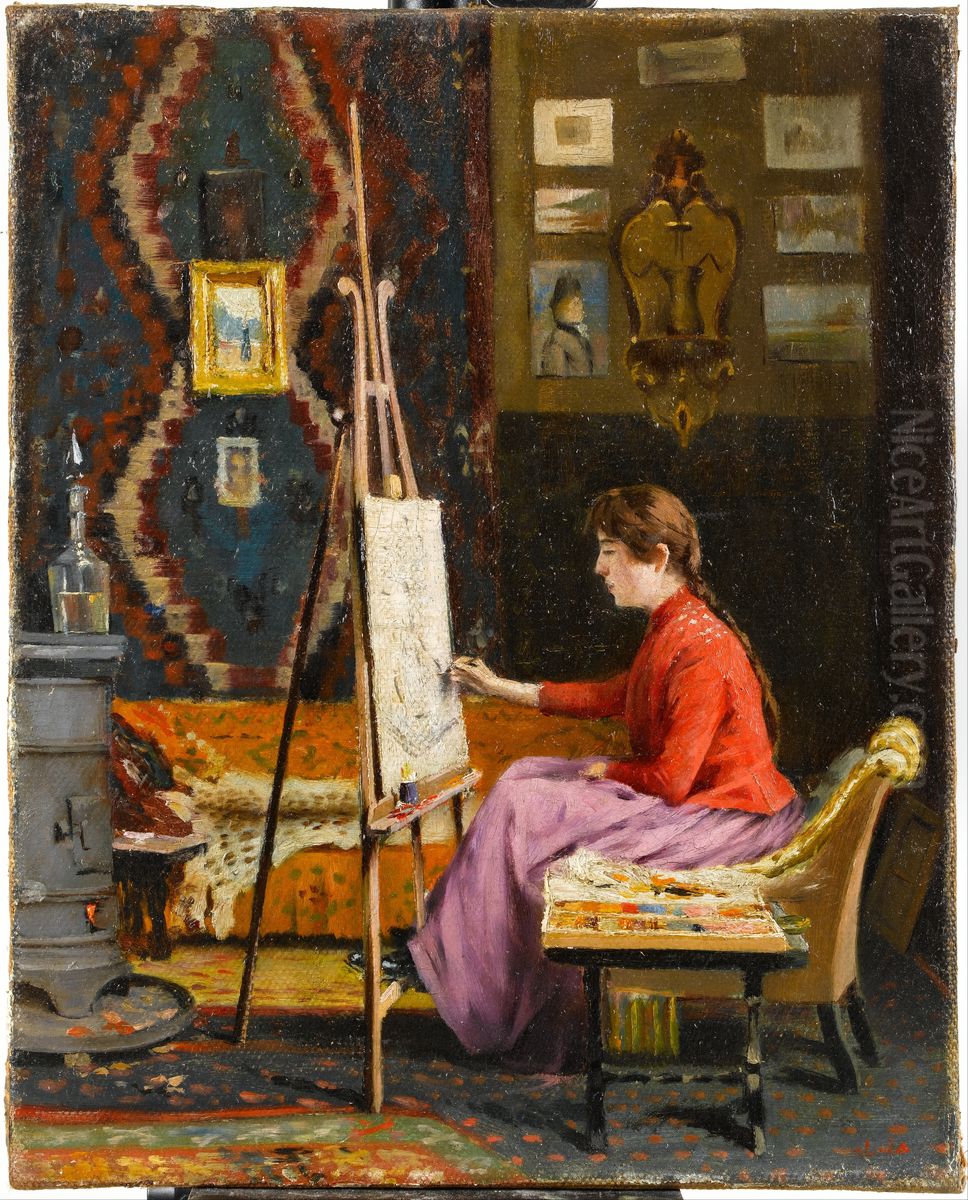 Ressam Kiz ve Atolyesi / Girl Painter and Her Studio Oil Painting by Halil Pasha