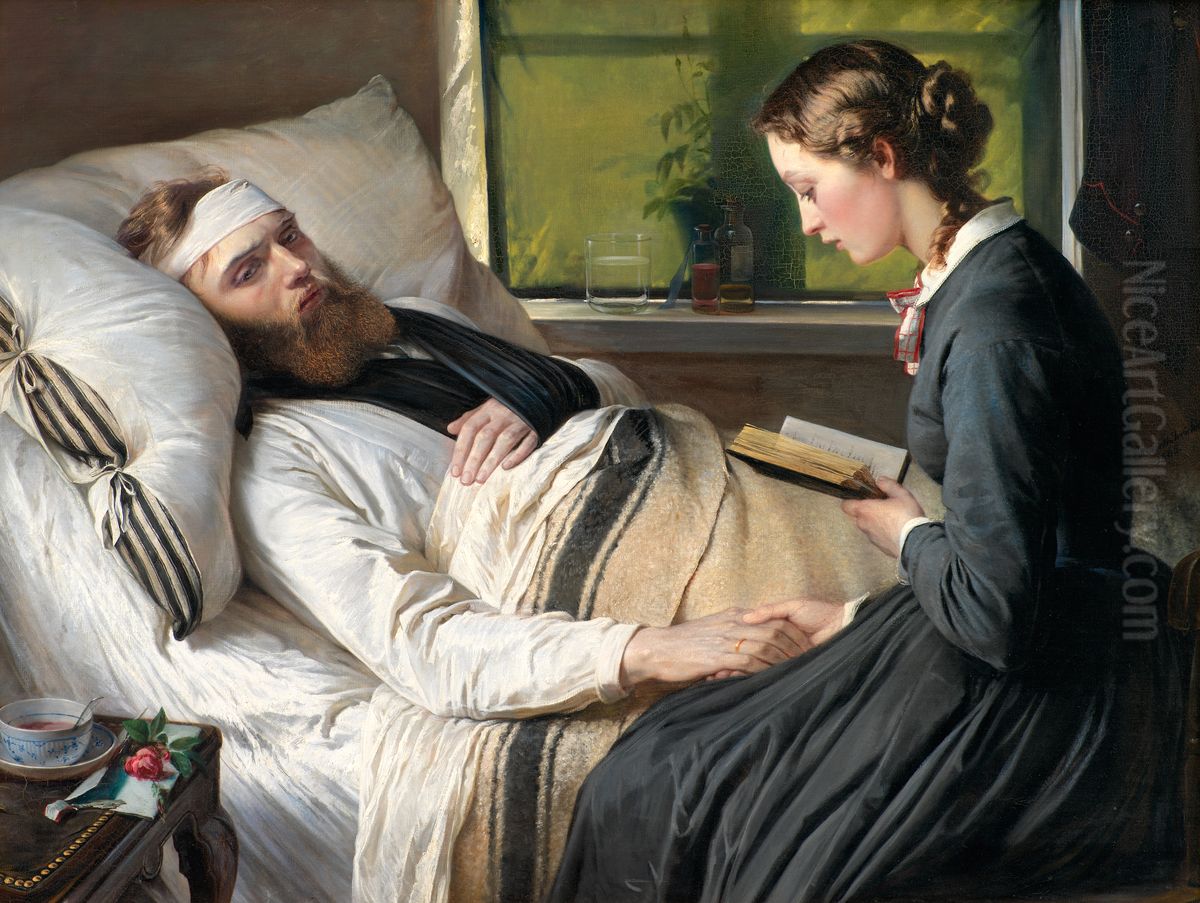 A Wounded Danish Soldier Oil Painting by Elisabeth Baumann