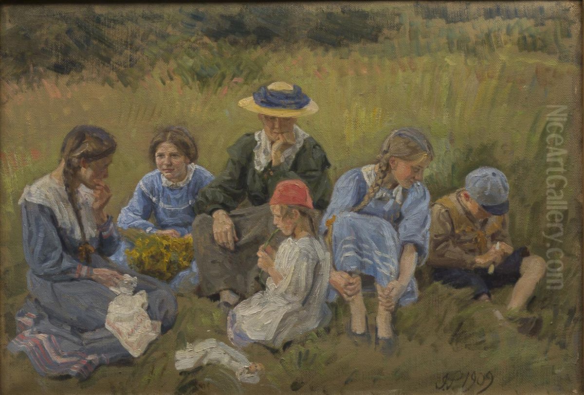 Hvile i engen. Kunstnerens hustru og born Oil Painting by Joakim Skovgaard