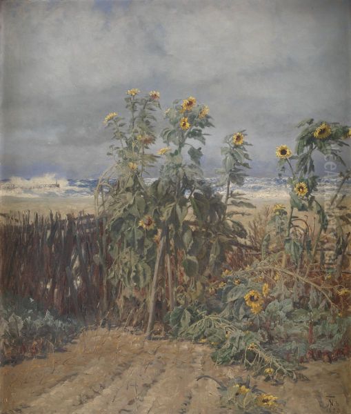 Solsikker pa en strand. Oil Painting by Thorvald Niss