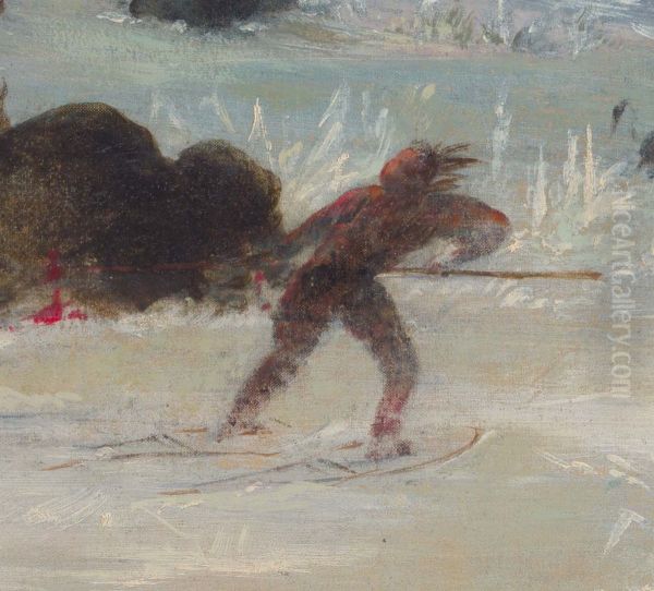 Assiniboine Indians Pursuing Buffalo on Snowshoes Oil Painting by George Catlin