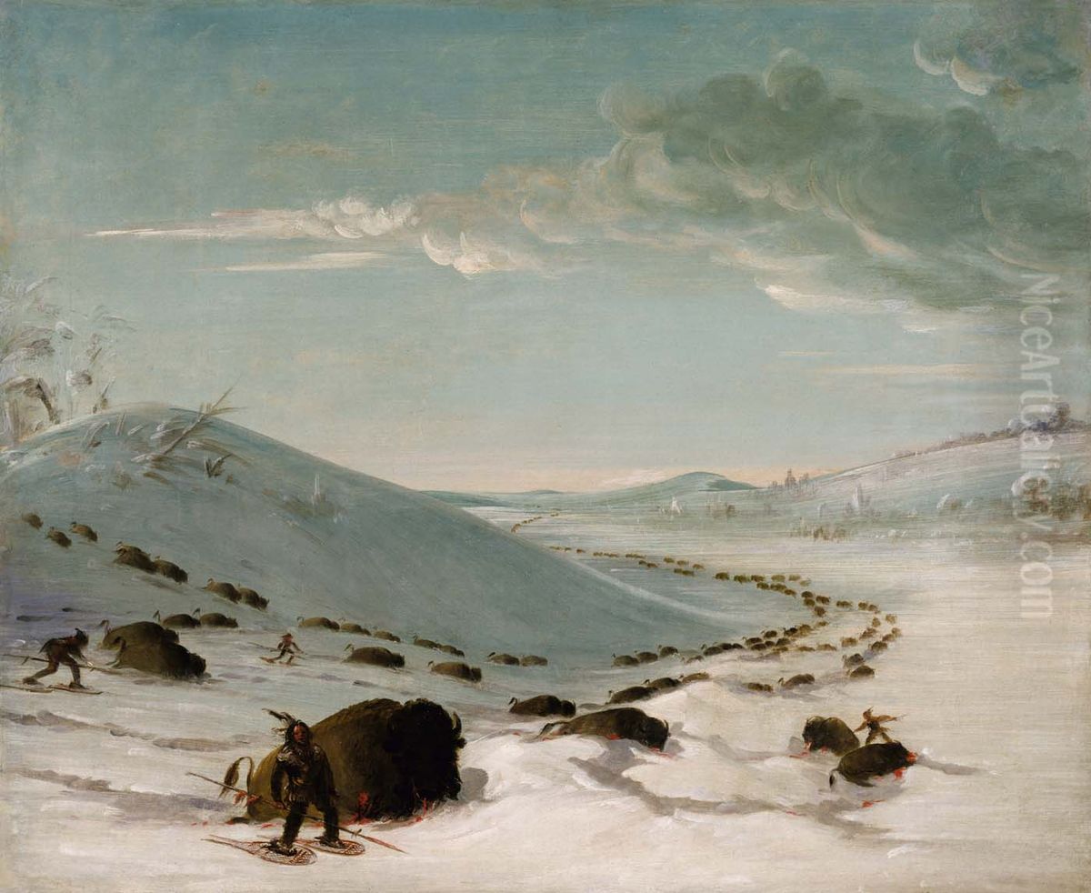 Buffalo Chase in Winter, Indians on Snowshoes Oil Painting by George Catlin