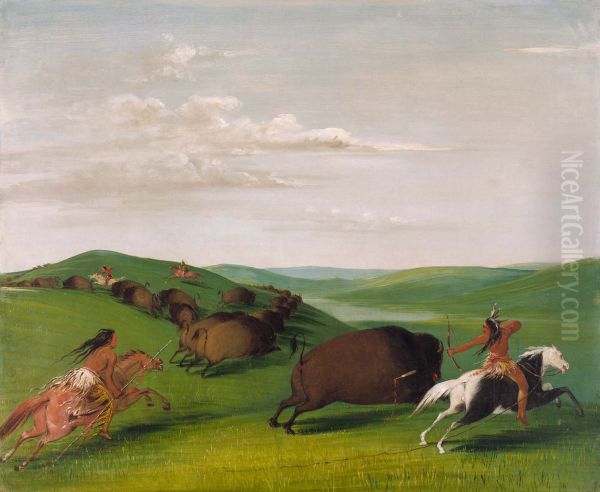 Buffalo Chase with Bows and Lances Oil Painting by George Catlin