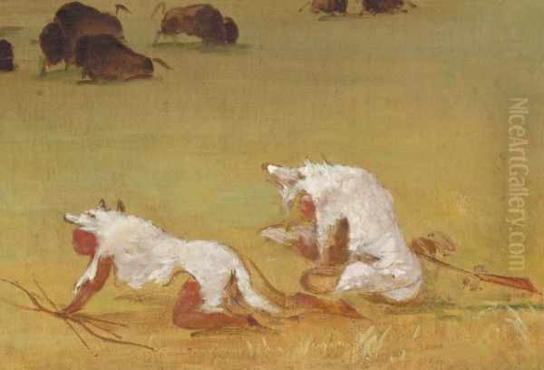 Catlin and His Indian Guide Approaching Buffalo under White Wolf Skins Oil Painting by George Catlin