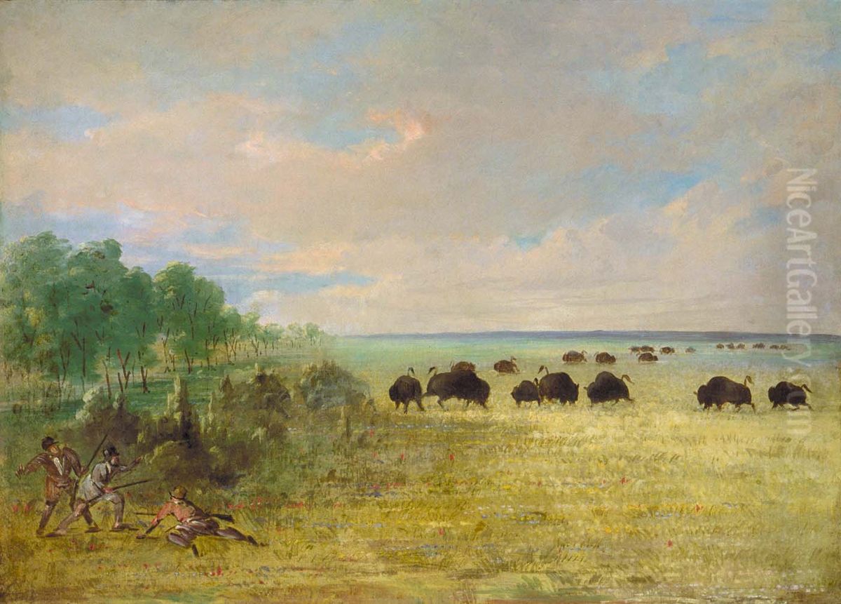 Catlin and Party Stalking Buffalo in Texas Oil Painting by George Catlin