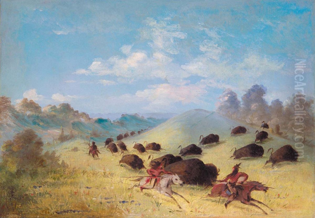 Comanche Indians Chasing Buffalo with Lances and Bows Oil Painting by George Catlin