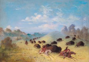 Comanche Indians Chasing Buffalo with Lances and Bows