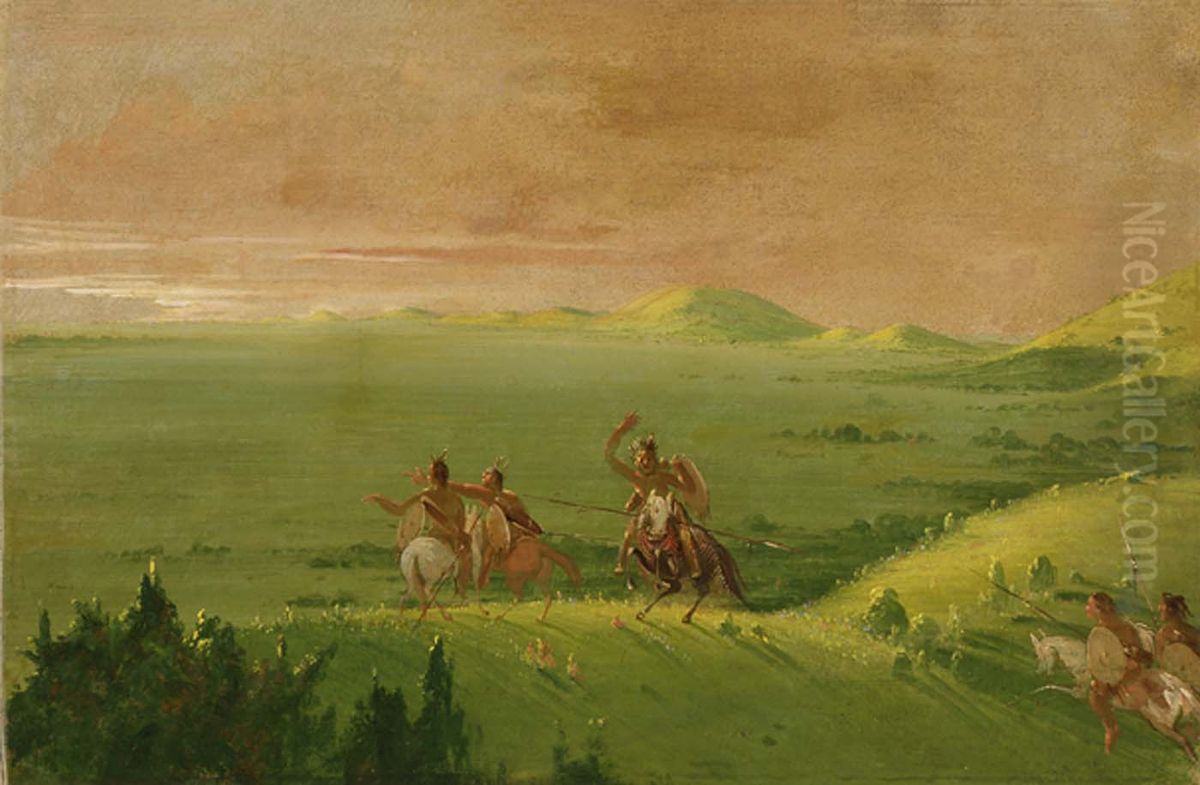 Comanche War Party, Chief Discovering the Enemy and Urging his Men at Sunrise Oil Painting by George Catlin