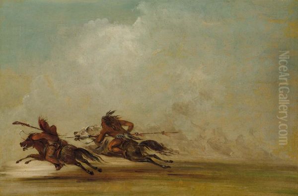 Comanche Warrior Lancing an Osage, at Full Speed Oil Painting by George Catlin