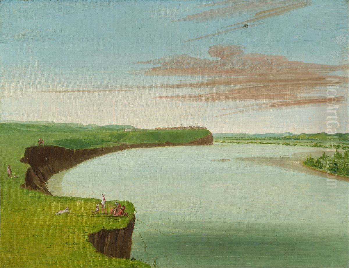 Distant View of the Mandan Village Oil Painting by George Catlin
