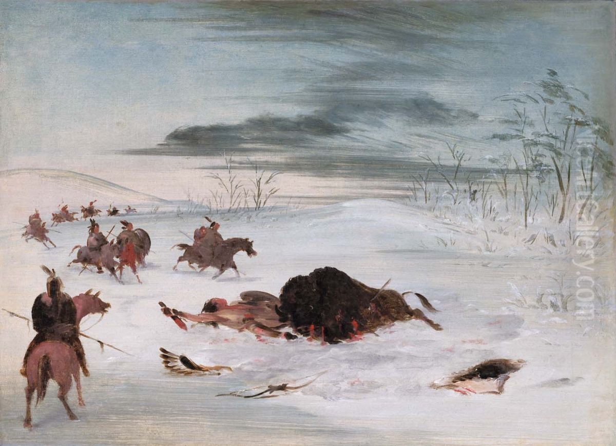 Dying Buffalo Bull in a Snowdrift Oil Painting by George Catlin