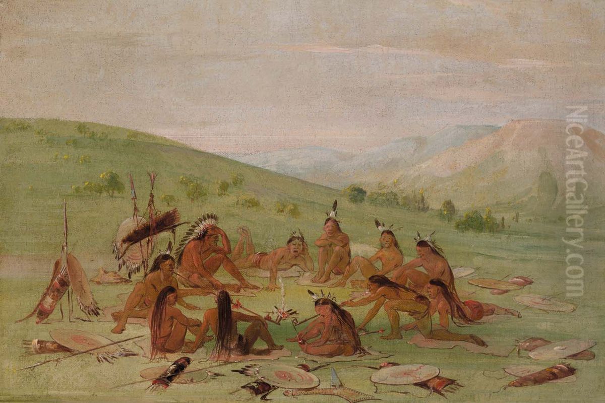 Foot War Party in Council, Mandan Oil Painting by George Catlin