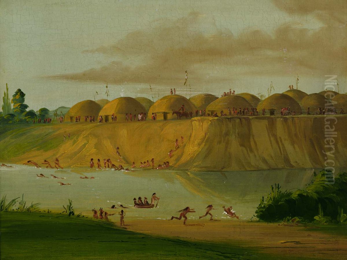 Hidatsa Village, Earth-covered Lodges, on the Knife River, 1810 Miles above St. Louis Oil Painting by George Catlin