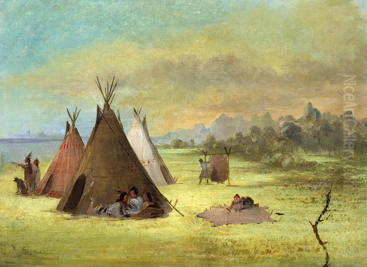 Indian Encampment, Comanche (or Kiowa) Dressing Skins, Red River Oil Painting by George Catlin