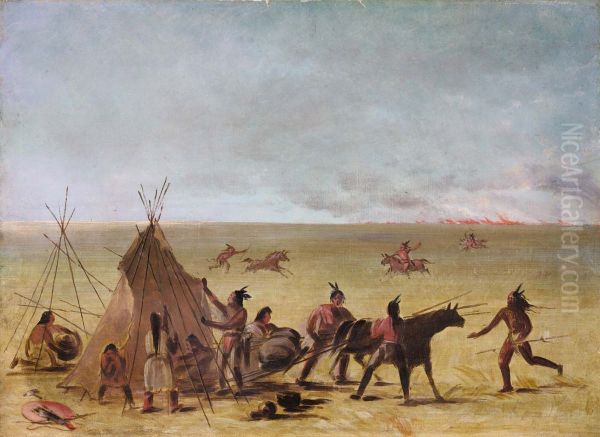 Indian Family Alarmed at the Approach of a Prairie Fire Oil Painting by George Catlin