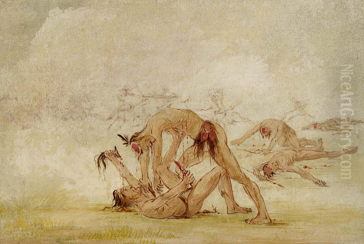 Mandan Scalping an Enemy Oil Painting by George Catlin