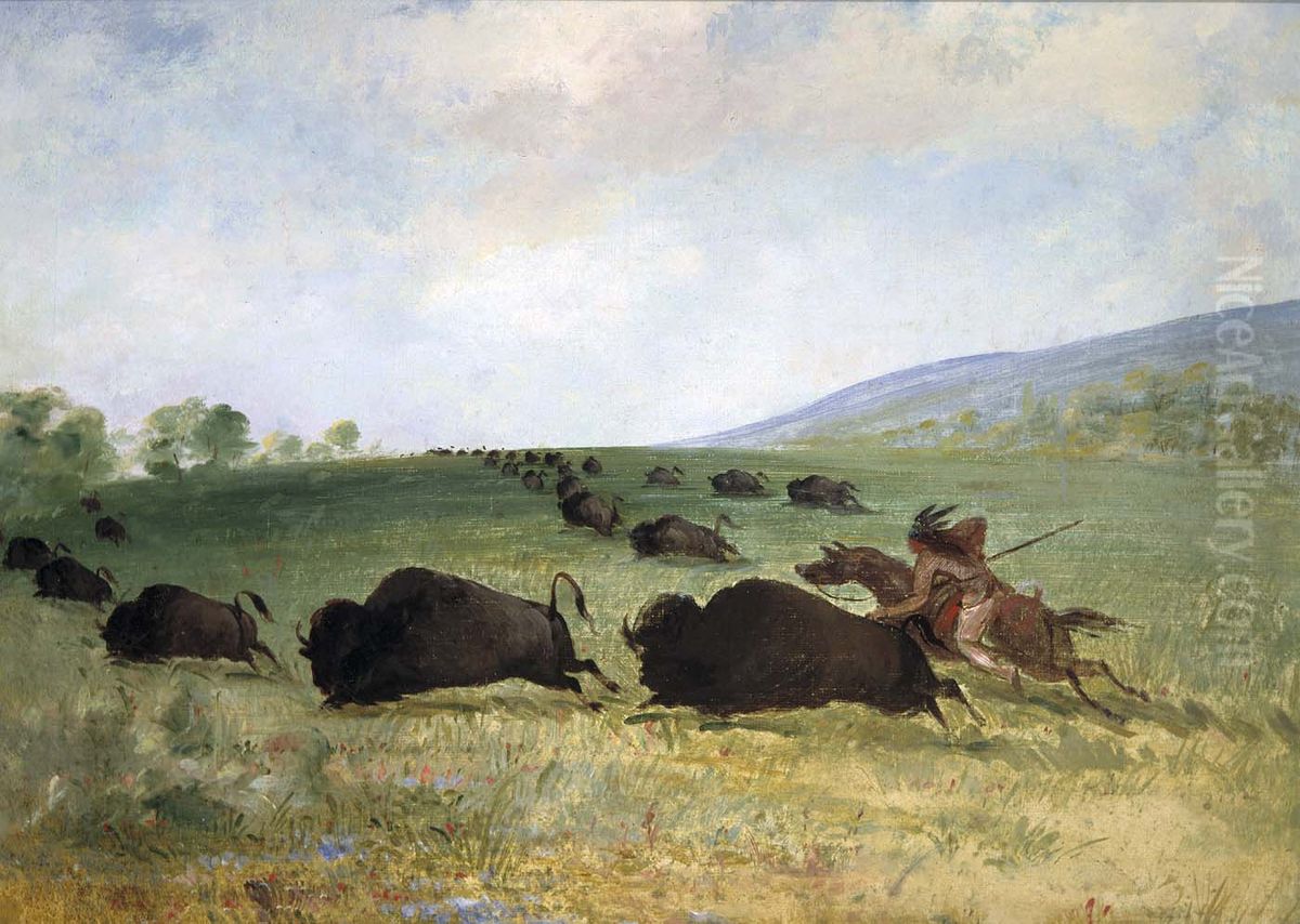 An Osage Indian Lancing a Buffalo Oil Painting by George Catlin