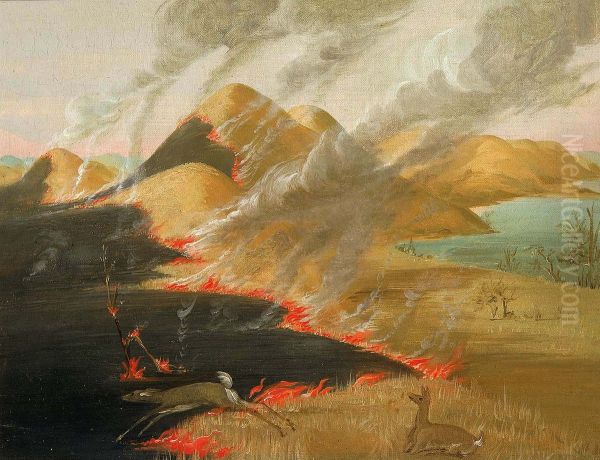 Prairie Bluffs Burning Oil Painting by George Catlin