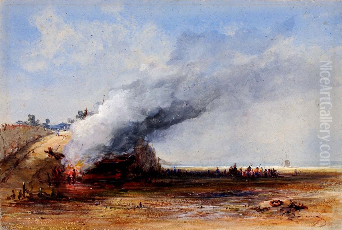 Burning of an Old Boat Oil Painting by Francis Danby