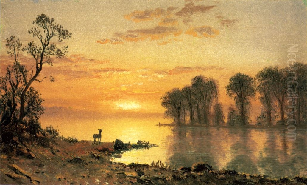 Sunset, Deer and River Oil Painting by Albert Bierstadt