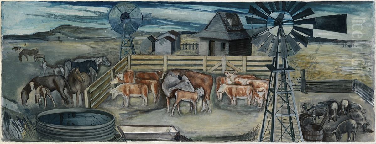 Afternoon on a Texas Ranch (mural Study, Lampassas, Texas Post Office) Oil Painting by Ethel Edwards