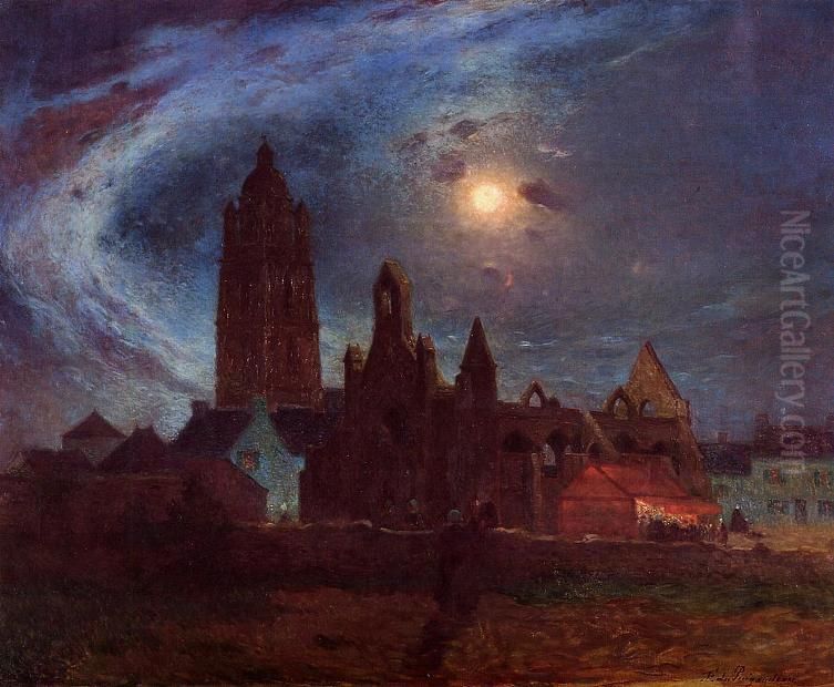 The Bourg-de-Batz Church under the Moon Oil Painting by Ferdinand du Puigaudeau