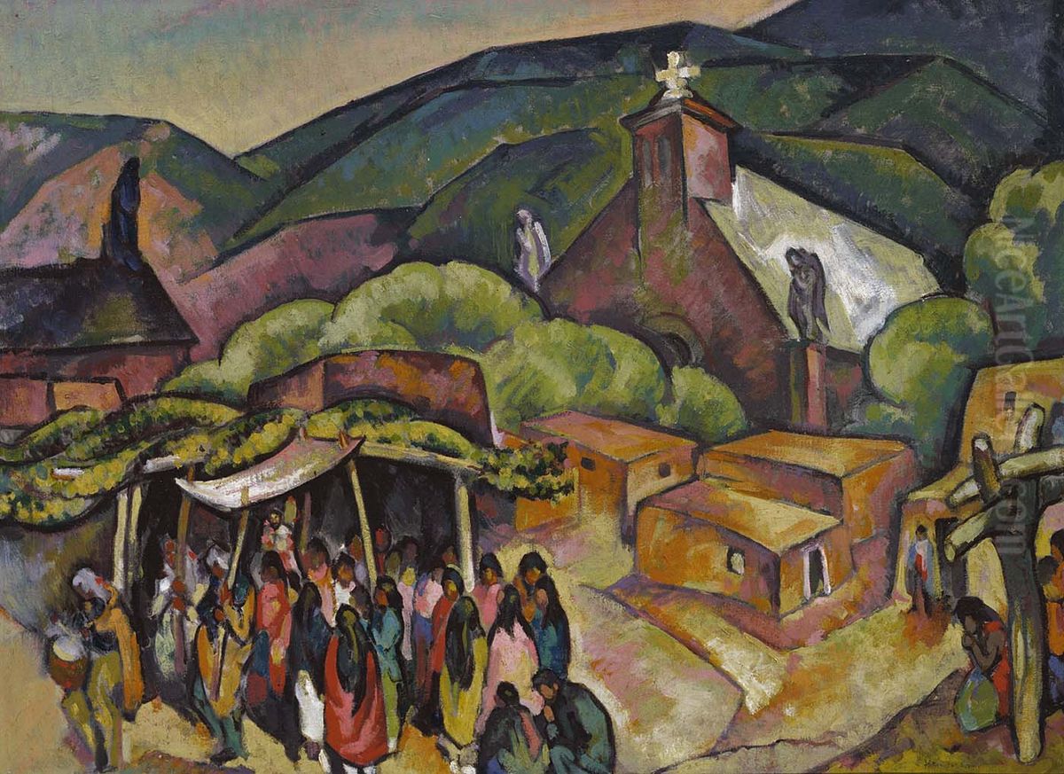 San Juan Pueblo Oil Painting by William Penhallow Henderson