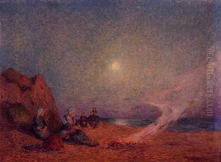 Le Pouldu, Woman on the Beach beside a Fire Oil Painting by Ferdinand du Puigaudeau