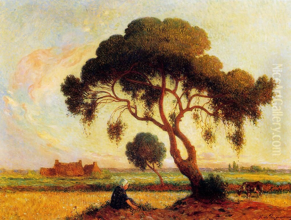 Breton Woman Seated under a Large Tree Oil Painting by Ferdinand du Puigaudeau