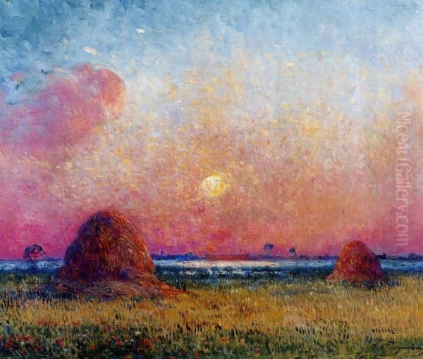 Wheat Stack at Sunset Oil Painting by Ferdinand du Puigaudeau