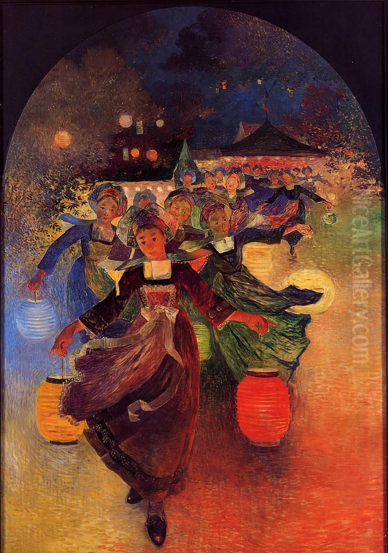 Breton Girls with Chinese Lanterns Oil Painting by Ferdinand du Puigaudeau