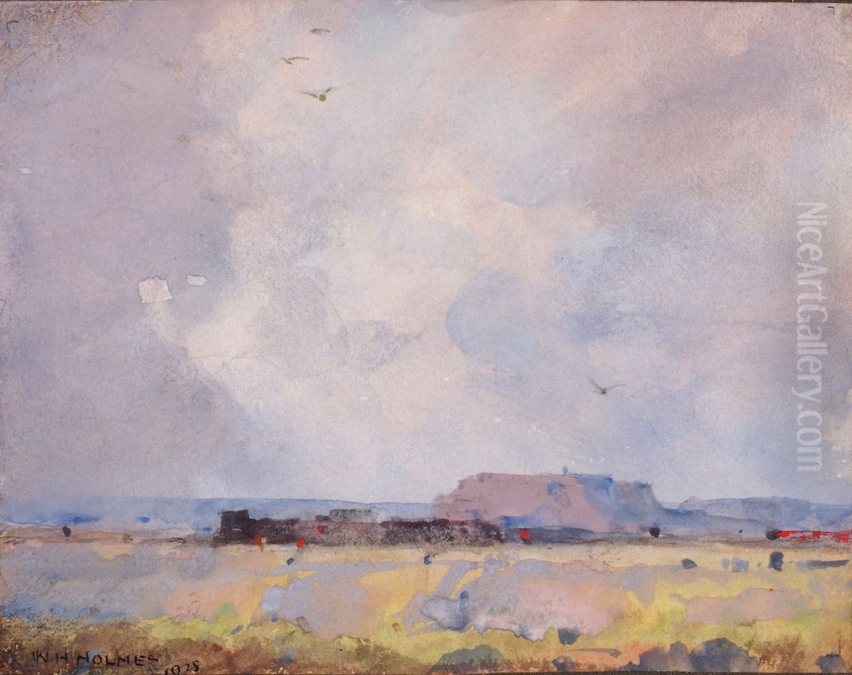 In the Plateau Country, with an Inhabited Pueblo Oil Painting by William Henry Holmes