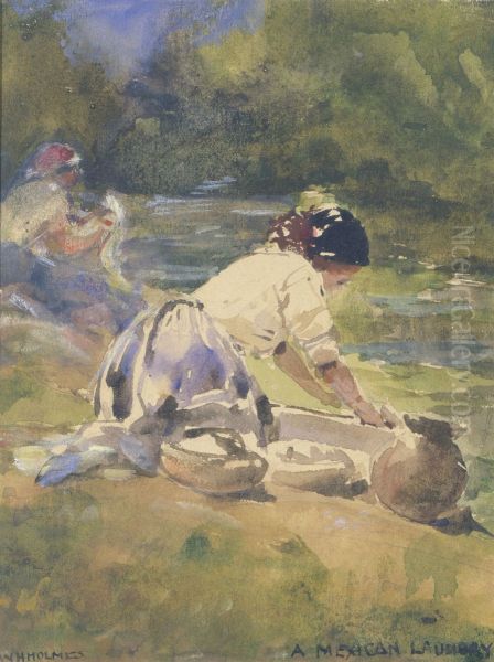 A Mexican Laundry Oil Painting by William Henry Holmes