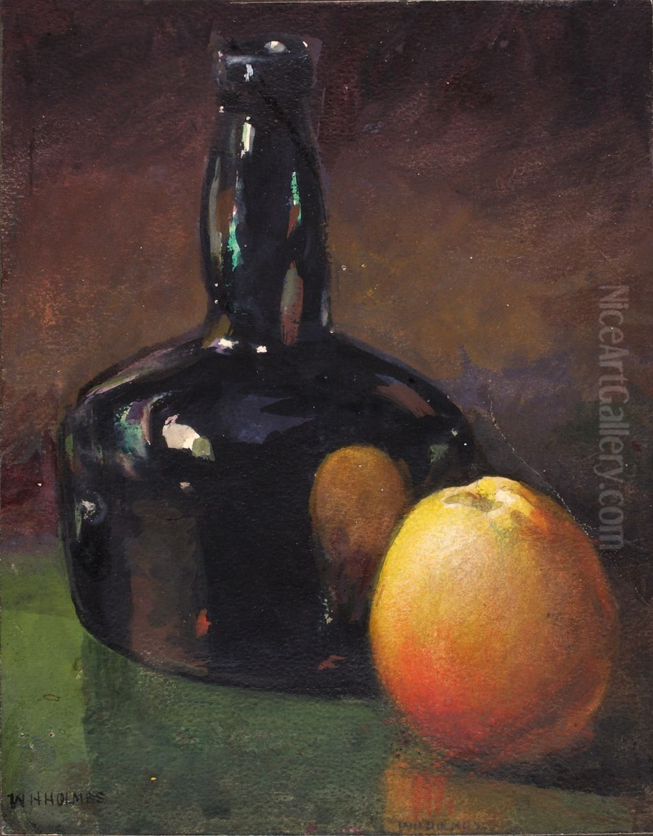 Still Life--Apples and Bottle Oil Painting by William Henry Holmes