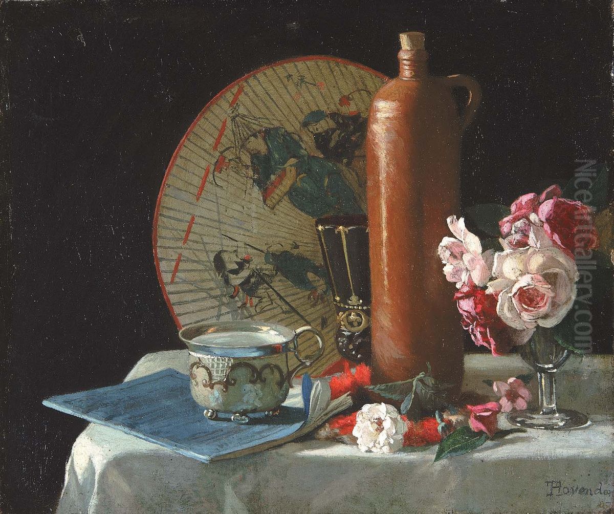 Still Life with Fan and Roses Oil Painting by Thomas Hovenden