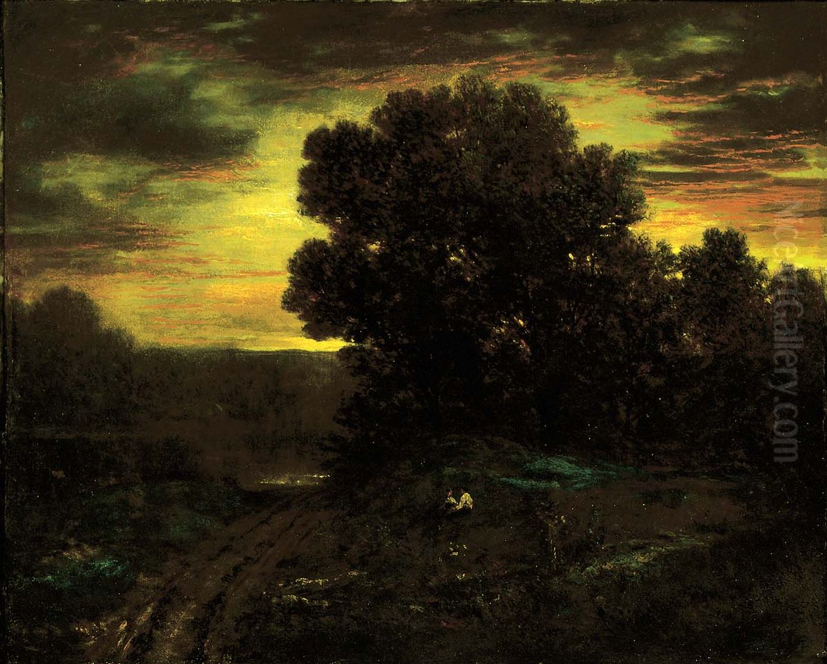 River Landscape at Sunset Oil Painting by David Johnson